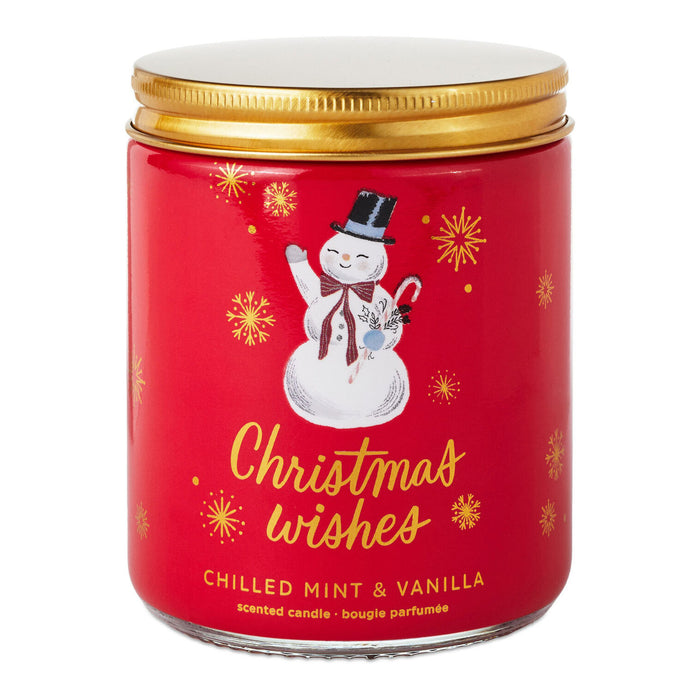 Red candle jar with snowman illustration and 'Christmas wishes' text on a white background
