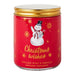 Red candle jar with snowman illustration and 'Christmas wishes' text on a white background