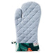 Blue quilted oven mitt with floral pattern on a white background