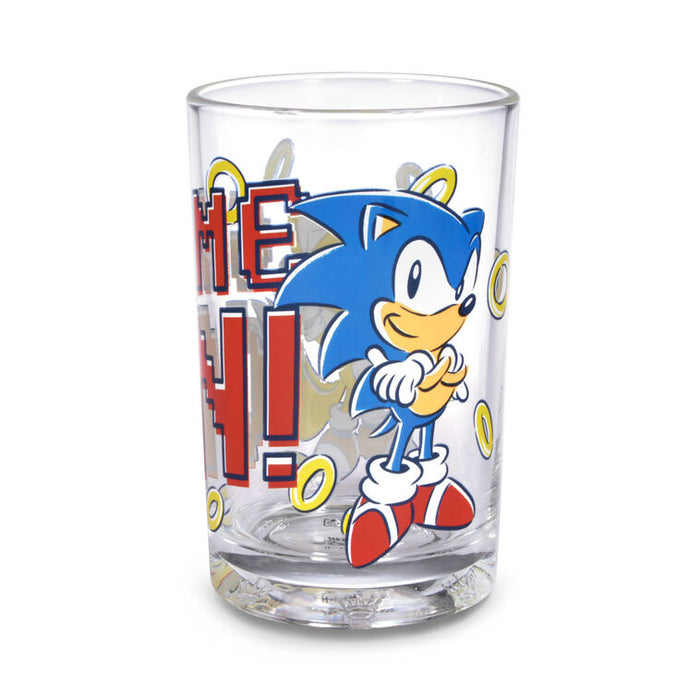 Clear glass with Sonic the Hedgehog design on a white background