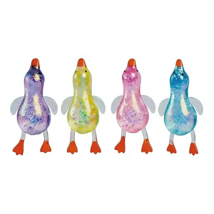 Four colorful duck-shaped toys on a white background