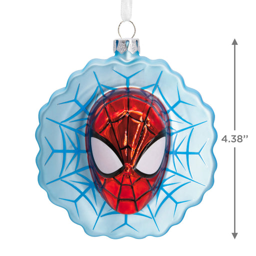Spider-Man mask ornament with blue web design and measurement details on a white background