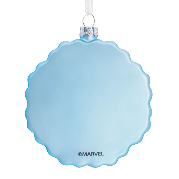 Blue ornament with Marvel logo on a white background