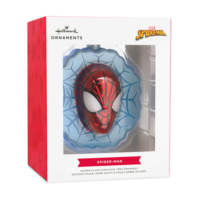 Spider-Man Christmas ornament in packaging with Hallmark and Marvel logos.