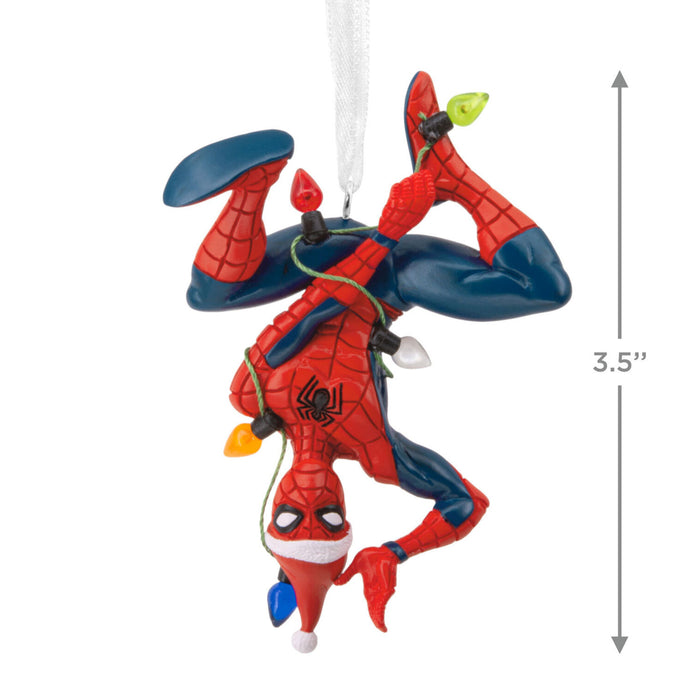 Spider-Man Christmas ornament with measurement label on a white background