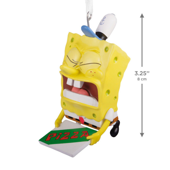 SpongeBob SquarePants character holding a pizza box with dimensions indicated.