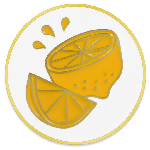 A circular graphic icon featuring a yellow lemon slice and wedge with droplets on a white background, outlined in yellow.