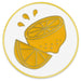 A circular graphic icon featuring a yellow lemon slice and wedge with droplets on a white background, outlined in yellow.