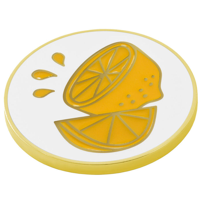 A round white coaster with a yellow border and a graphic of a sliced orange and juice droplets, shown on a white background.