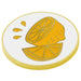 A round white coaster with a yellow border and a graphic of a sliced orange and juice droplets, shown on a white background.