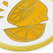 A close-up of a round white plate or tray with a glossy yellow lemon illustration and a gold rim, shown against a white background.