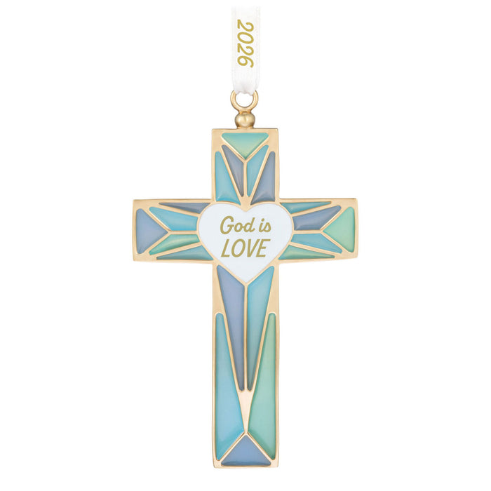 Decorative cross ornament with 'God is Love' message on a white background