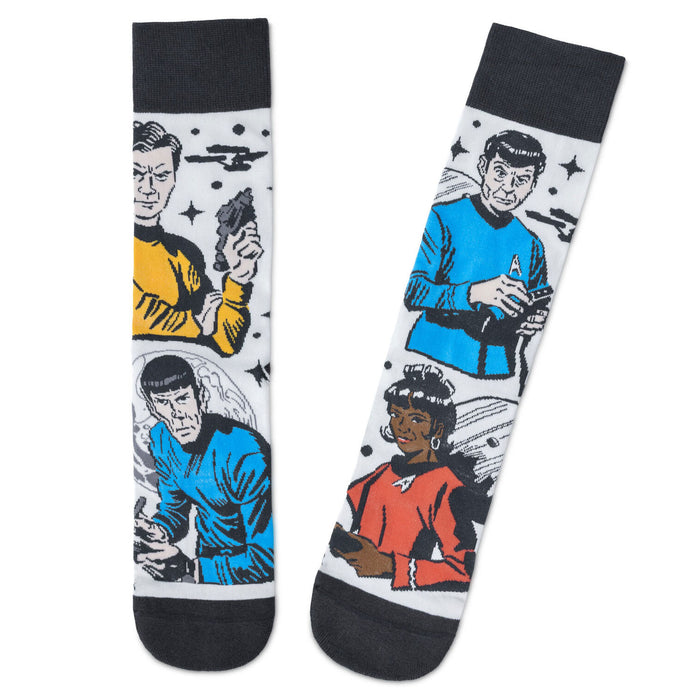 Two socks with Star Trek character illustrations on a white background