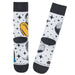 Two socks with star patterns and character designs on a white background