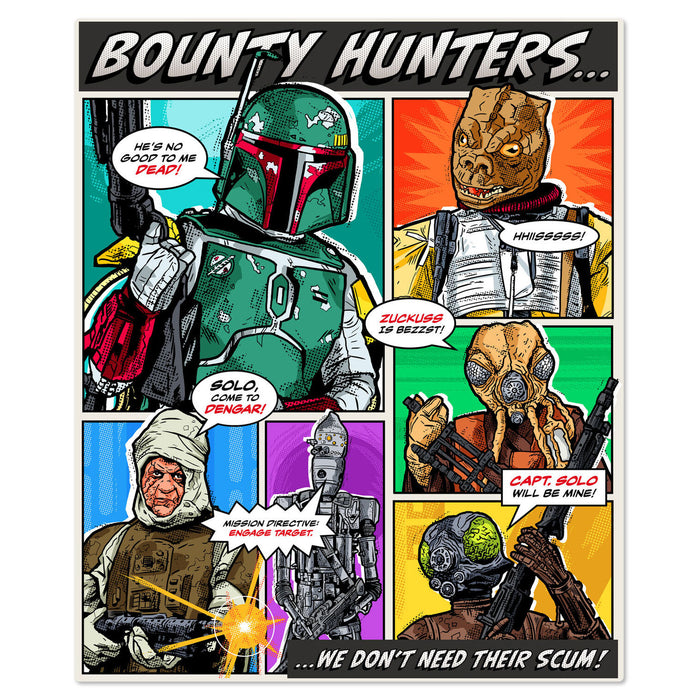 Comic-style illustration of bounty hunters with colorful backgrounds and character designs.