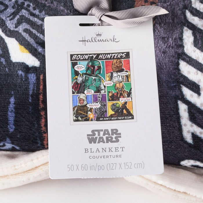 Star Wars blanket with packaging featuring Bounty Hunters illustration
