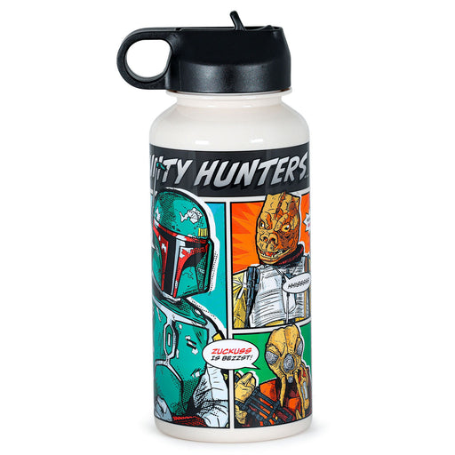 Water bottle with comic-style character design on a white background