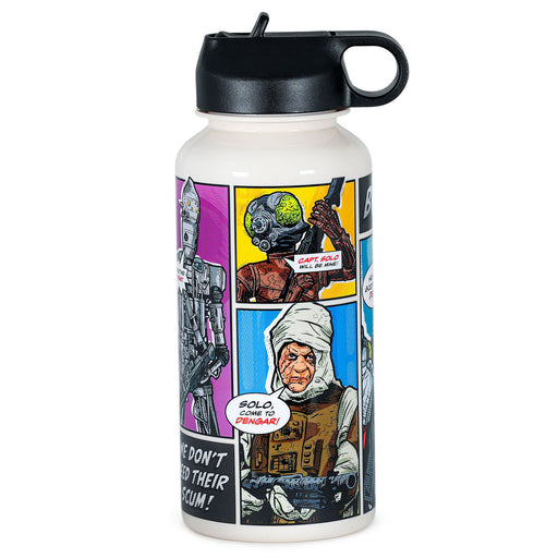 Water bottle with comic-style design featuring characters and text on a white background