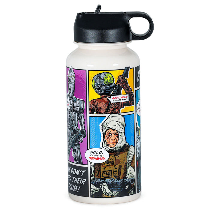 Water bottle with comic-style design featuring characters and text on a white background