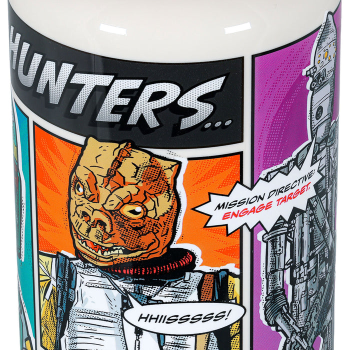 Mug with space-themed design featuring a creature and text, labeled 'Hunters'.