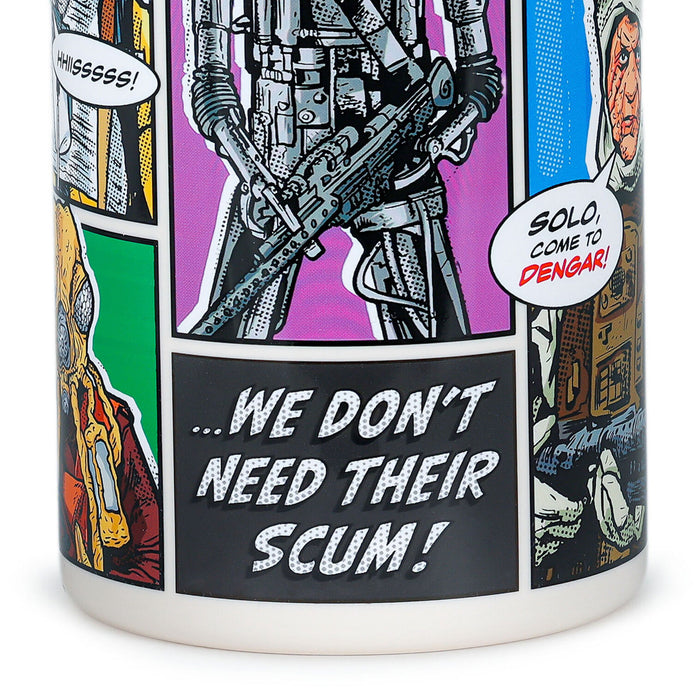 Mug with Star Wars-themed design featuring text and character illustrations.