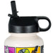 White water bottle with black lid and colorful label on a white background