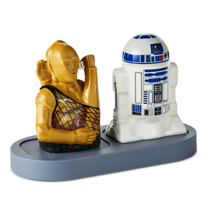 A ceramic Star Wars collectible set featuring a gold C-3PO bust in a black vest and a white R2-D2 bust, both mounted on a gray oval base against a white background.