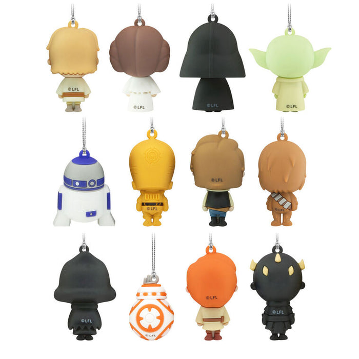 Twelve small character-shaped hanging keychains or charms arranged in a 3-by-4 grid on a plain white background. The characters include Star Wars-themed figures such as Yoda, R2-D2, BB-8, and others, shown mostly from the back with silver hanging loops at the top.