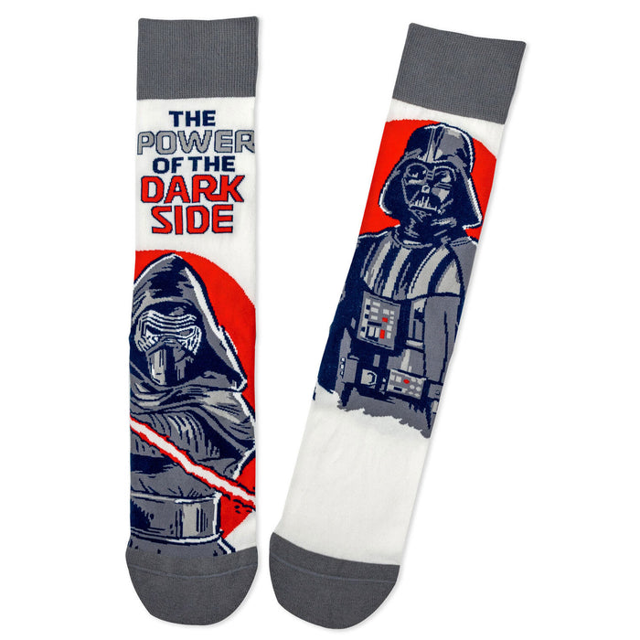 Two socks with Star Wars-themed designs featuring Darth Vader and Kylo Ren on a white background.