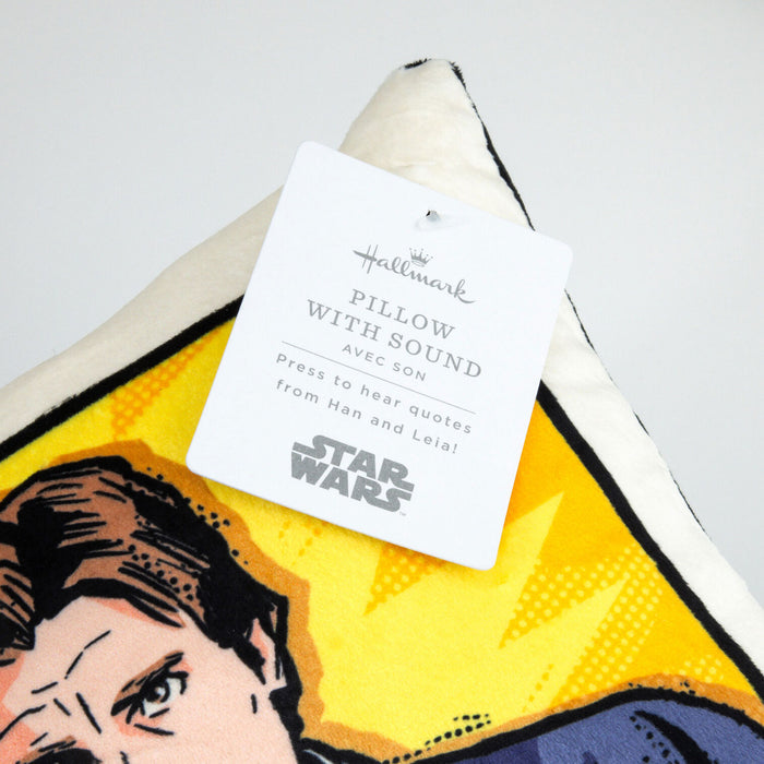 Star Wars-themed pillow with a tag on a white background