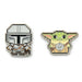 Two pixelated character pins, one resembling a robot and the other a creature with a green face, on a white background.