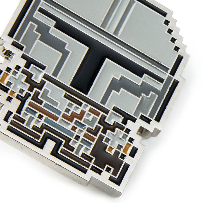 Close-up of a detailed electronic component with intricate patterns on a white background