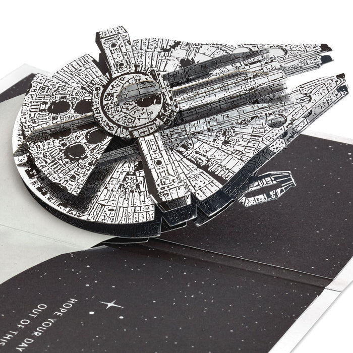 3D model of the Millennium Falcon spaceship on a black background