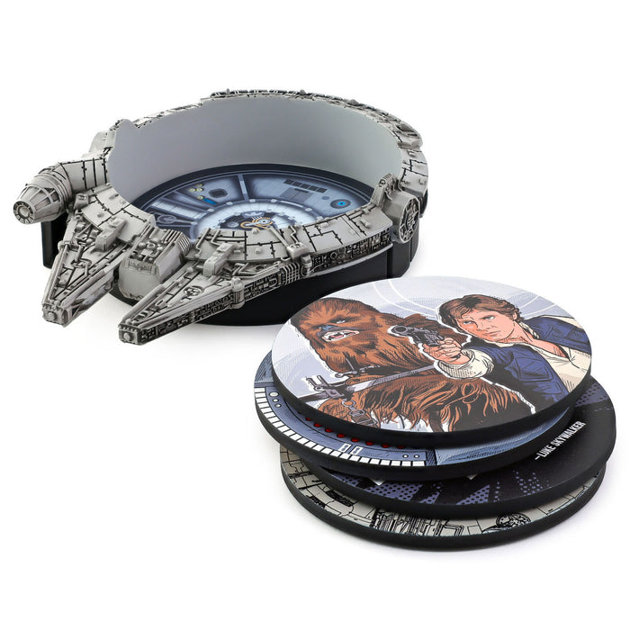 Star Wars Millennium Falcon coaster set with characters on a white background