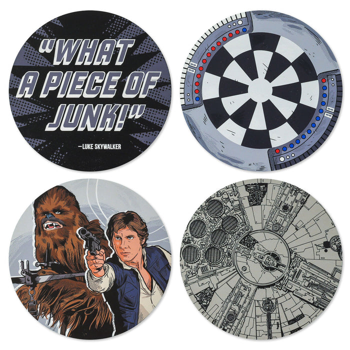 Four circular coasters with different designs, including text, a dartboard, and characters from a popular franchise.