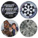 Four circular coasters with different designs, including text, a dartboard, and characters from a popular franchise.