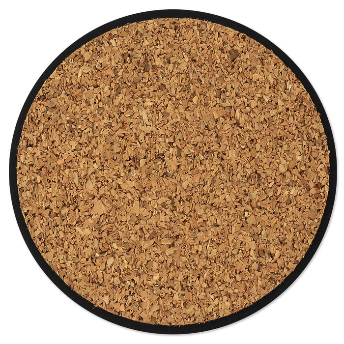 Round cork mat with a black border on a white background