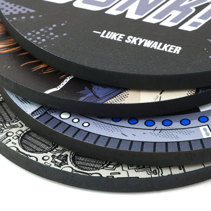 Stack of circular coasters with unique designs and text on a white background