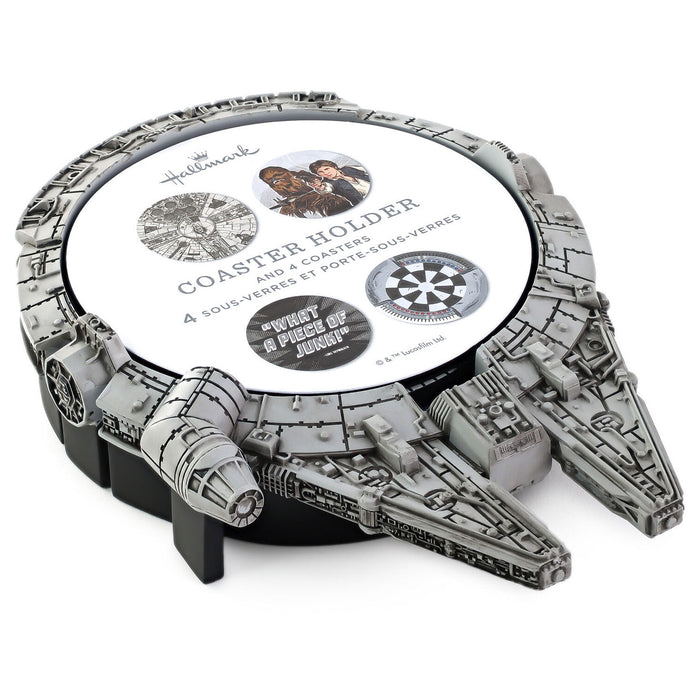 Millennium Falcon-shaped coaster holder with four coasters on a white background