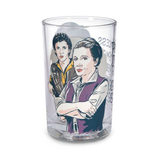 Clear glass tumbler with illustrations of two people on a white background