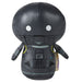 Black robot plush toy with white eyes on a white background