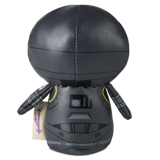 Black and gray robot plush toy with a tag on a white background