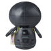 Black and gray robot plush toy with a tag on a white background