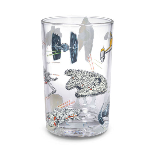 Clear glass with Star Wars spaceship illustrations on a white background