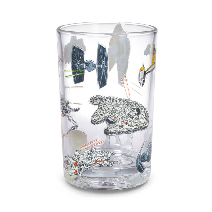 Clear glass with Star Wars spaceship illustrations on a white background