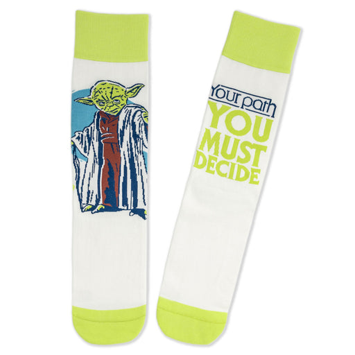 Two socks with Yoda design and 'You Must Decide' text on a white background