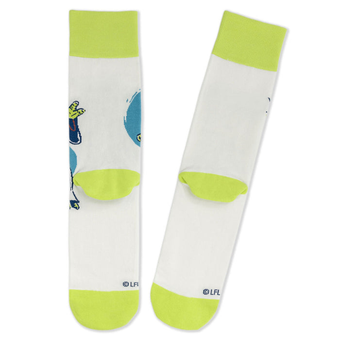Pair of socks with cartoon character design on a white background