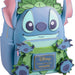 Disney Loungefly Stitch backpack in light blue and green, featuring Stitch's face, pink ears, and decorative green leaves and flowers, with a visible Disney Loungefly plaque on the front.