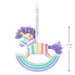 Colorful rocking horse toy with dimensions on a white background