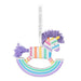 Colorful rocking horse toy with pastel stripes and purple hair on a white background